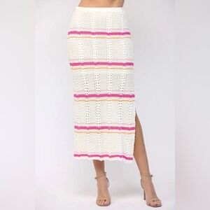 FATE Stripe Crochet Boho Hippie Cream Pink Festival Midi Skirt Size Large NWT